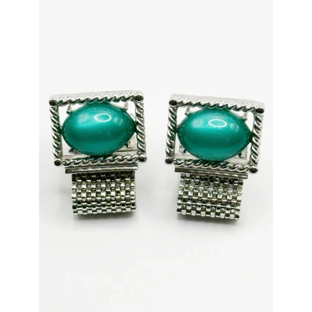 Vintage SWANK Green‎ Lucite Silvertone  Mesh Wrap Cufflinks